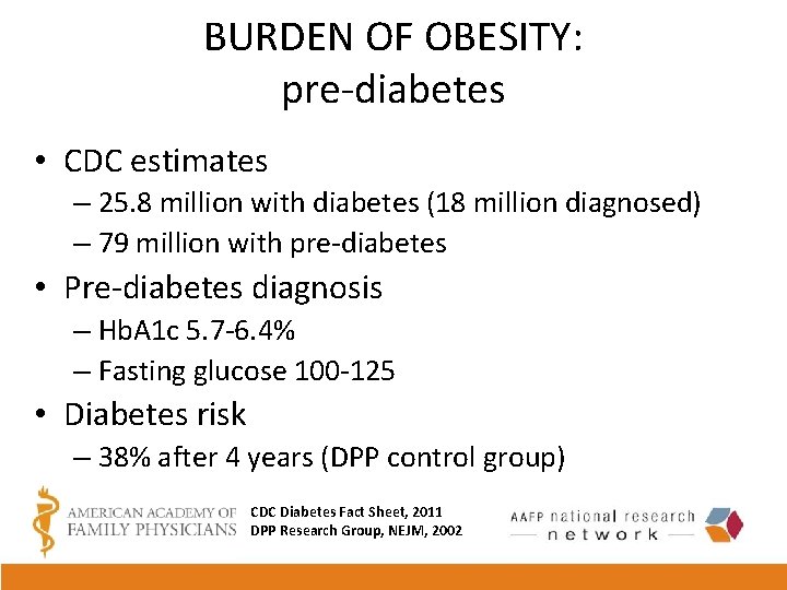 BURDEN OF OBESITY: pre-diabetes • CDC estimates – 25. 8 million with diabetes (18