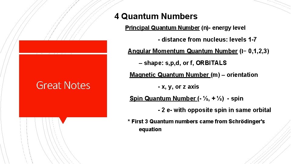 4 Quantum Numbers Principal Quantum Number (n)- energy level - distance from nucleus: levels