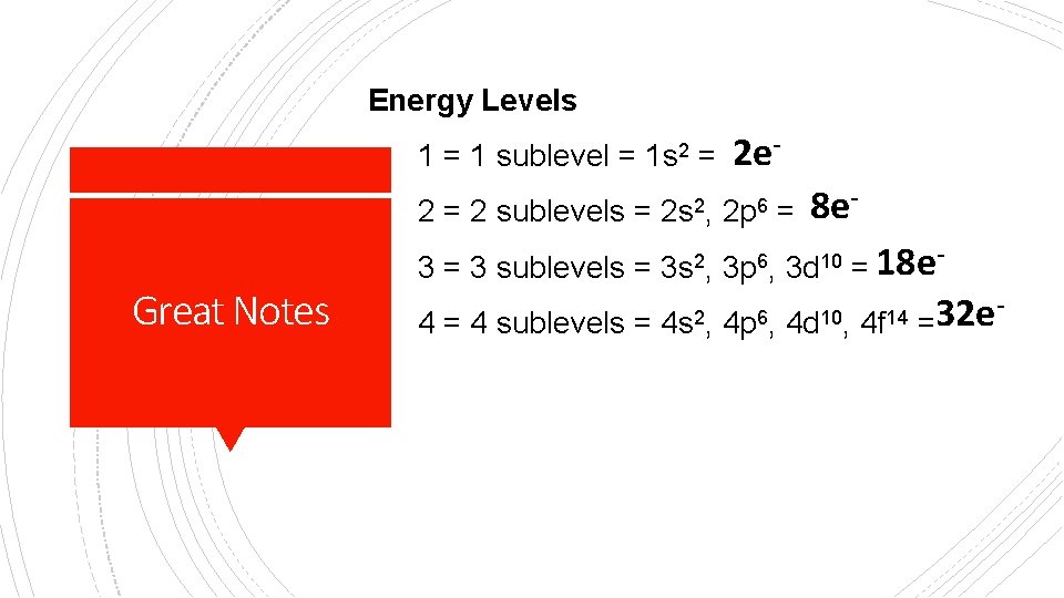 Energy Levels 1 = 1 sublevel = 1 s 2 = 2 sublevels =