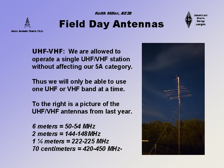 Keith Miller, AE 3 D Field Day Antennas UHF-VHF: We are allowed to operate