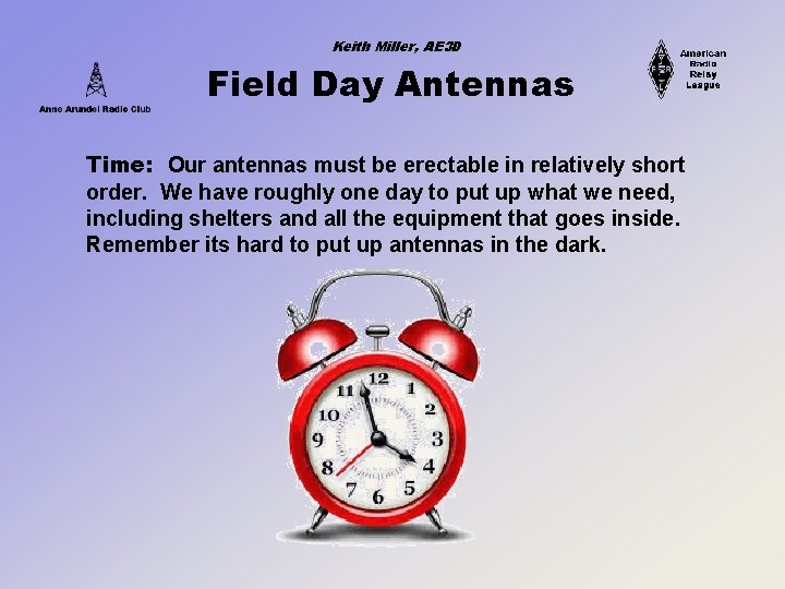 Keith Miller, AE 3 D Field Day Antennas Time: Our antennas must be erectable