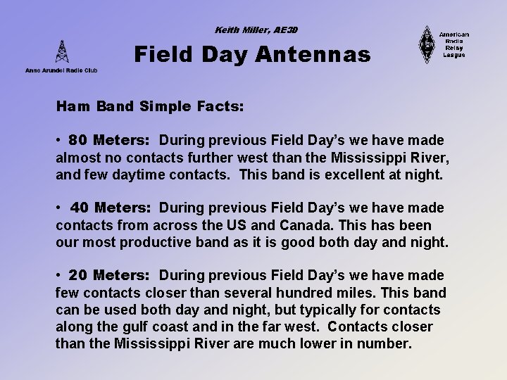 Keith Miller, AE 3 D Field Day Antennas Ham Band Simple Facts: • 80