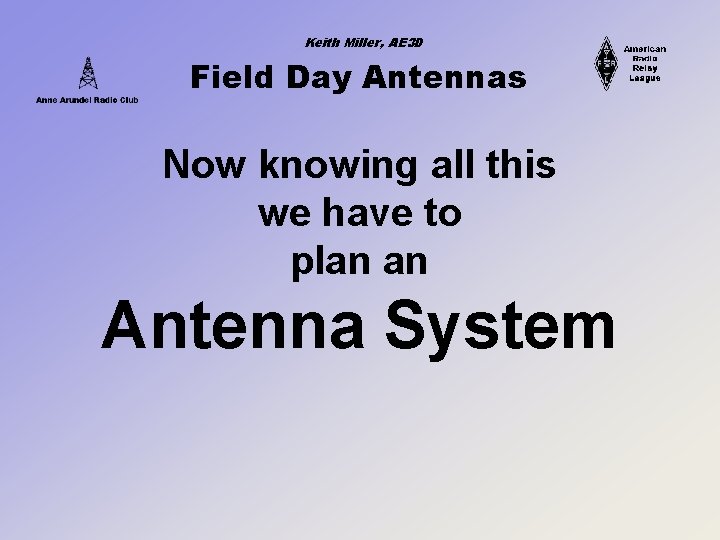 Keith Miller, AE 3 D Field Day Antennas Now knowing all this we have