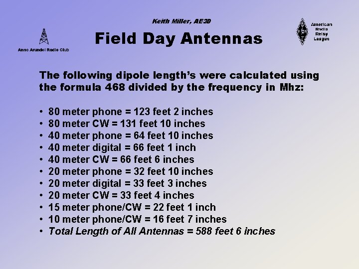 Keith Miller, AE 3 D Field Day Antennas The following dipole length’s were calculated