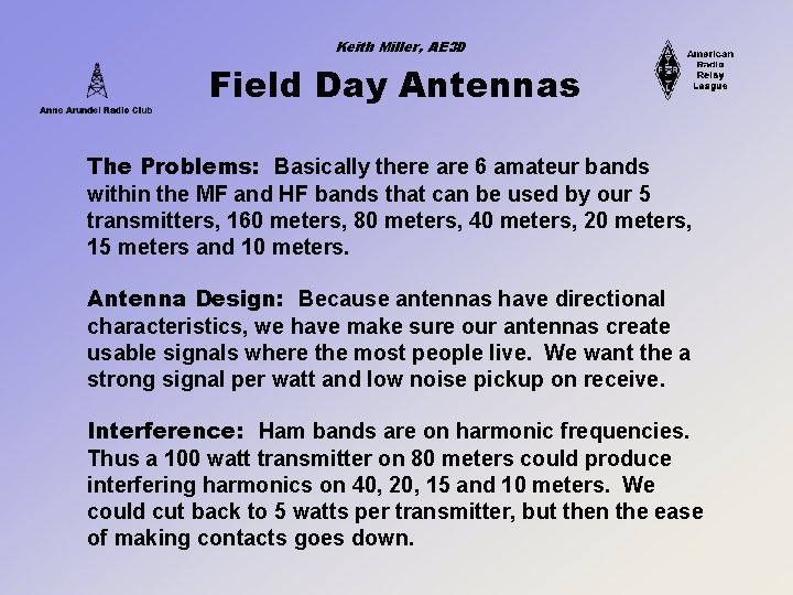 Keith Miller, AE 3 D Field Day Antennas The Problems: Basically there are 6