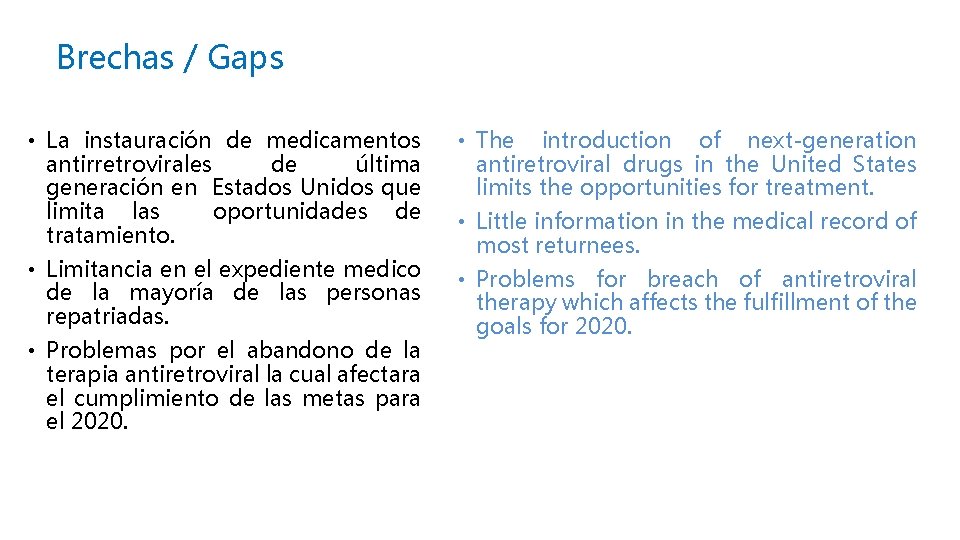 Brechas / Gaps • La instauración de medicamentos antirretrovirales de última generación en Estados