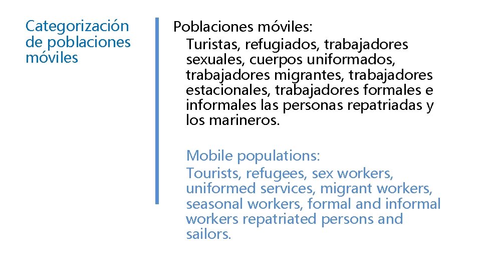 Categorización de poblaciones móviles Poblaciones móviles: Turistas, refugiados, trabajadores sexuales, cuerpos uniformados, trabajadores migrantes,