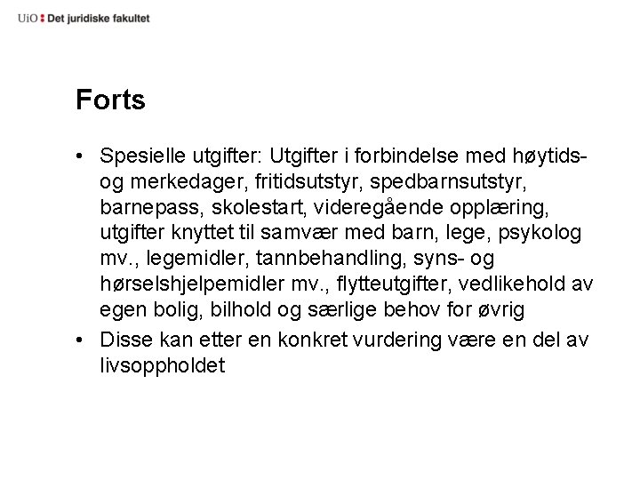 Forts • Spesielle utgifter: Utgifter i forbindelse med høytids- og merkedager, fritidsutstyr, spedbarnsutstyr, barnepass,