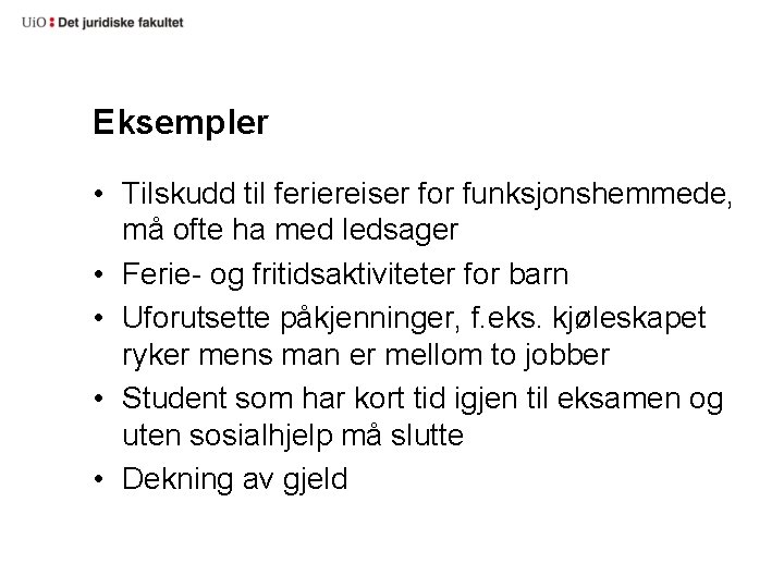 Eksempler • Tilskudd til feriereiser for funksjonshemmede, må ofte ha med ledsager • Ferie-