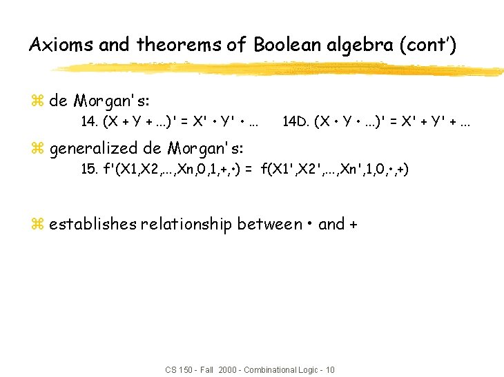 Axioms and theorems of Boolean algebra (cont’) z de Morgan's: 14. (X + Y Axioms and theorems of Boolean algebra (cont’) z de Morgan's: 14. (X + Y