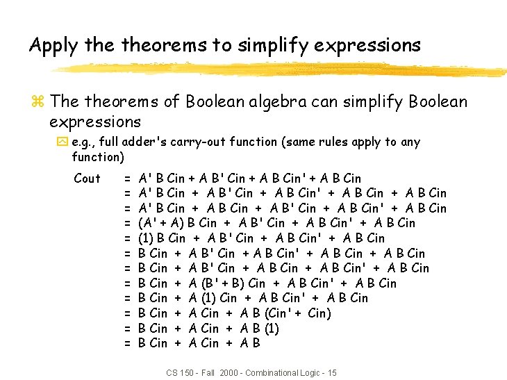 Apply theorems to simplify expressions z The theorems of Boolean algebra can simplify Boolean Apply theorems to simplify expressions z The theorems of Boolean algebra can simplify Boolean