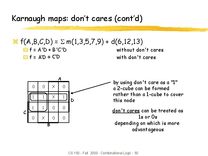 Karnaugh maps: don’t cares (cont’d) z f(A, B, C, D) = m(1, 3, 5, Karnaugh maps: don’t cares (cont’d) z f(A, B, C, D) = m(1, 3, 5,