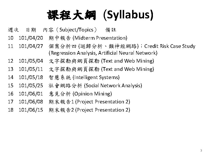 課程大綱 (Syllabus) 週次 日期 內容（Subject/Topics） 備註 10 101/04/20 期中報告 (Midterm Presentation) 11 101/04/27 個案分析四
