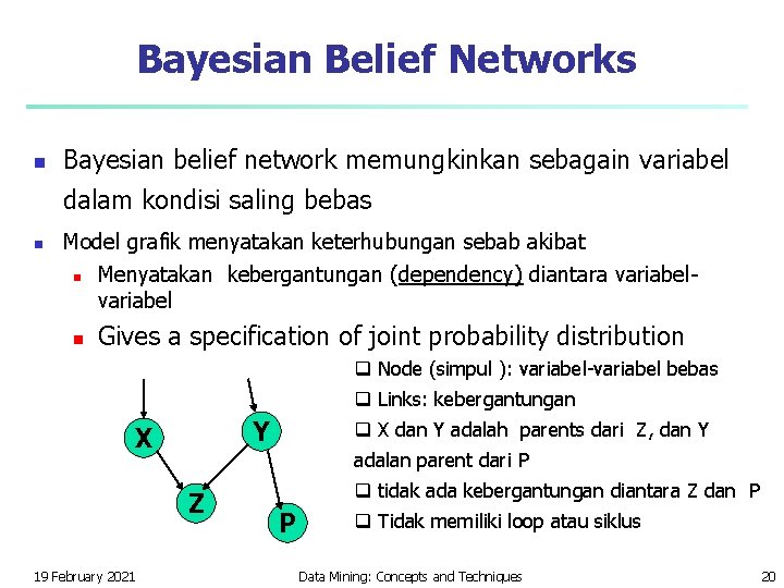 Bayesian Belief Networks n Bayesian belief network memungkinkan sebagain variabel dalam kondisi saling bebas Bayesian Belief Networks n Bayesian belief network memungkinkan sebagain variabel dalam kondisi saling bebas