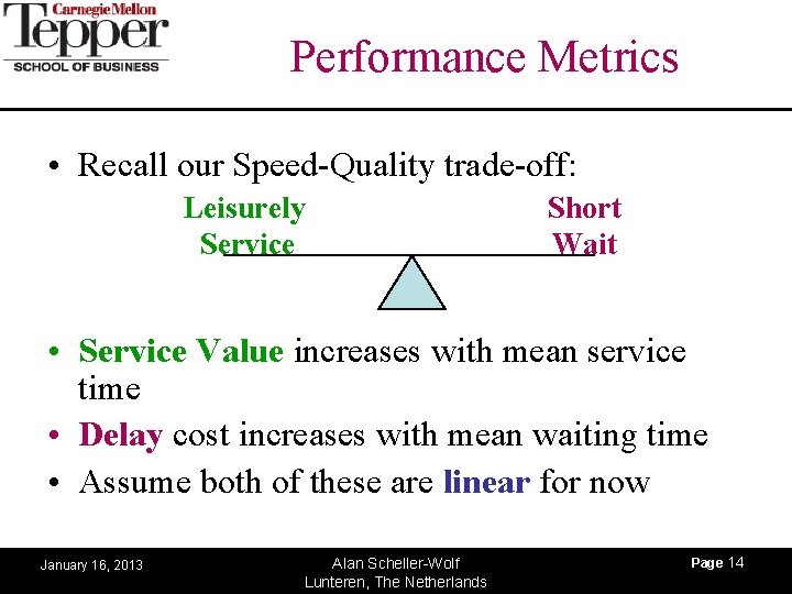 Performance Metrics • Recall our Speed-Quality trade-off: Leisurely Service Short Wait • Service Value