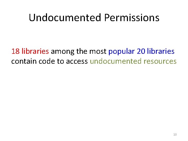 Undocumented Permissions 18 libraries among the most popular 20 libraries contain code to access