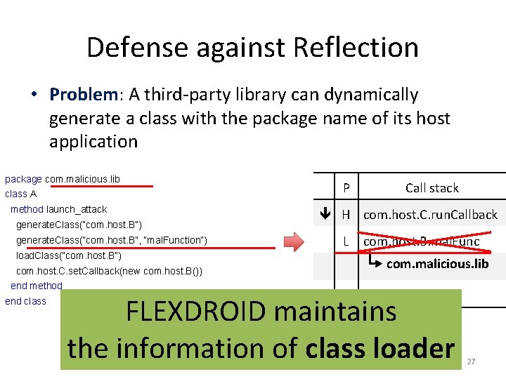 Defense against Reflection • Problem: A third-party library can dynamically generate a class with