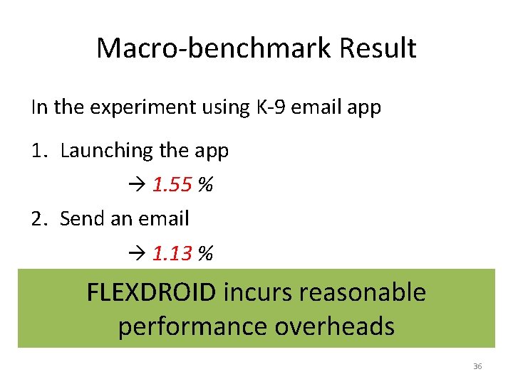 Macro-benchmark Result In the experiment using K-9 email app 1. Launching the app 1.