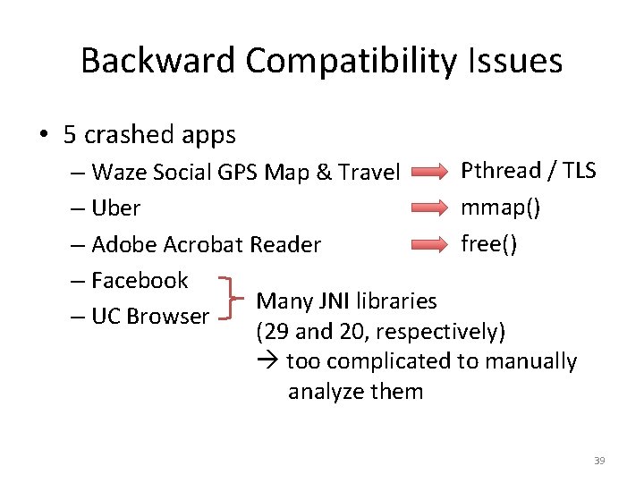 Backward Compatibility Issues • 5 crashed apps Pthread / TLS – Waze Social GPS