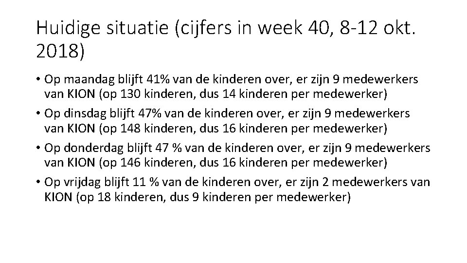 Huidige situatie (cijfers in week 40, 8 -12 okt. 2018) • Op maandag blijft