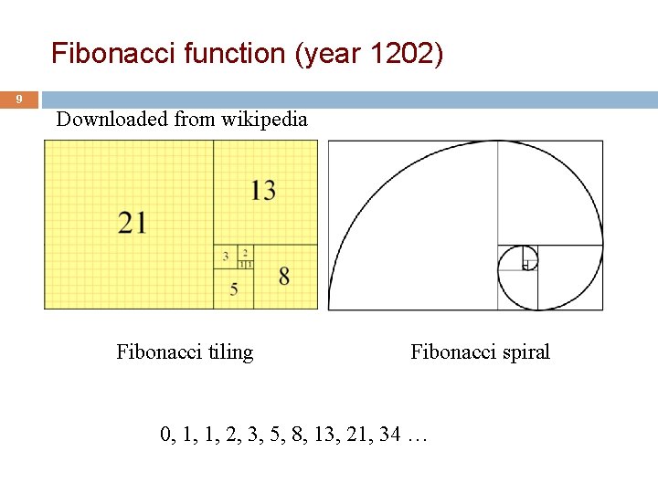 Fibonacci function (year 1202) 9 Downloaded from wikipedia Fibonacci tiling Fibonacci spiral 0, 1,