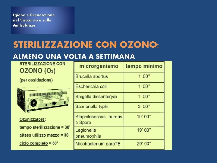 Igiene e Prevenzione nel Soccorso e sulle Ambulanze STERILIZZAZIONE CON OZONO: ALMENO UNA VOLTA