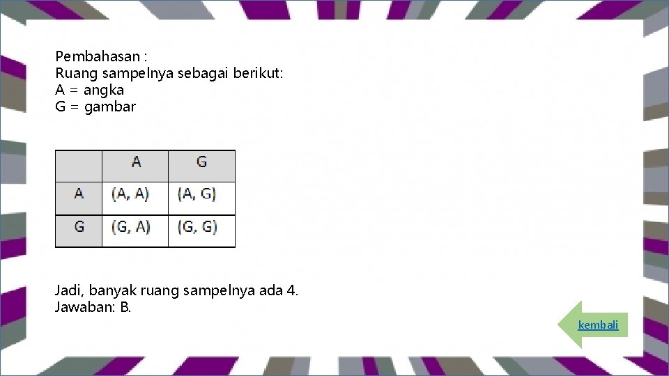  Pembahasan : Ruang sampelnya sebagai berikut: A = angka G = gambar Jadi,