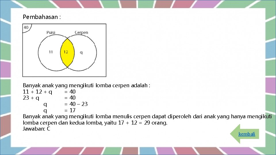 Pembahasan : Banyak anak yang mengikuti lomba cerpen adalah : 11 + 12 +