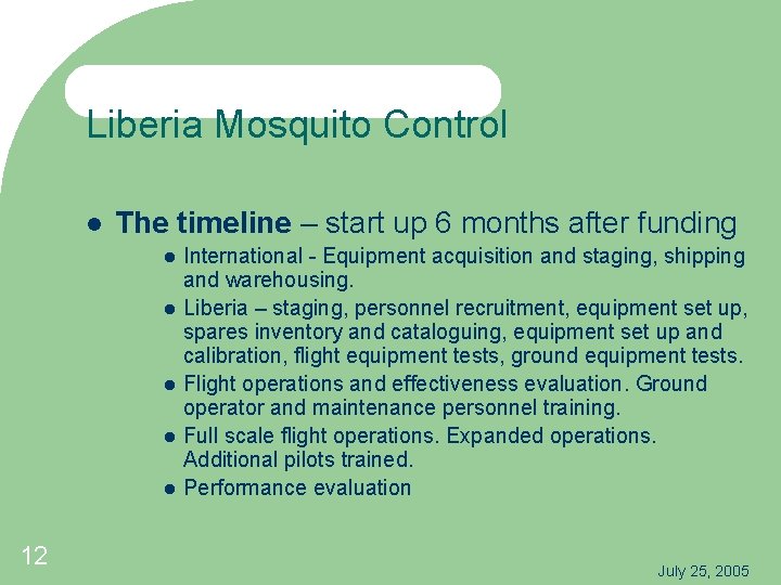 Liberia Mosquito Control The timeline – start up 6 months after funding 12 International
