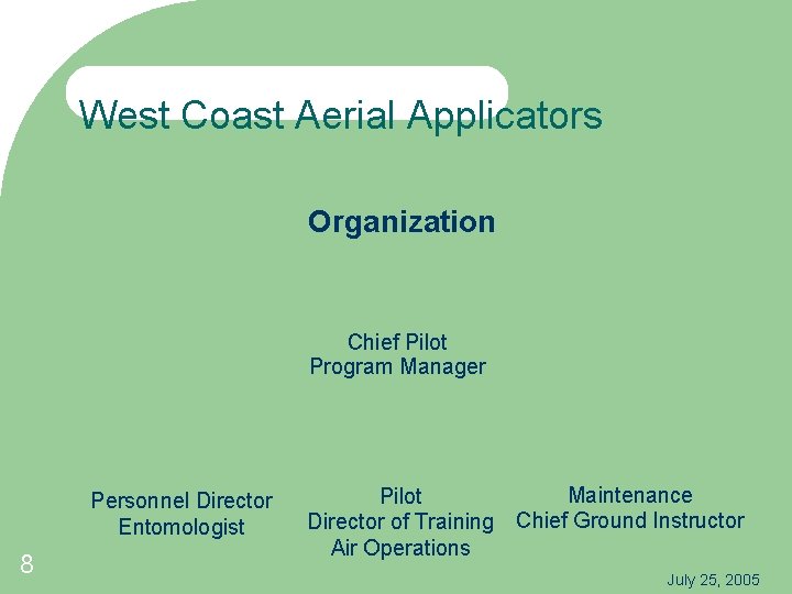 West Coast Aerial Applicators Organization Chief Pilot Program Manager Personnel Director Entomologist 8 Maintenance