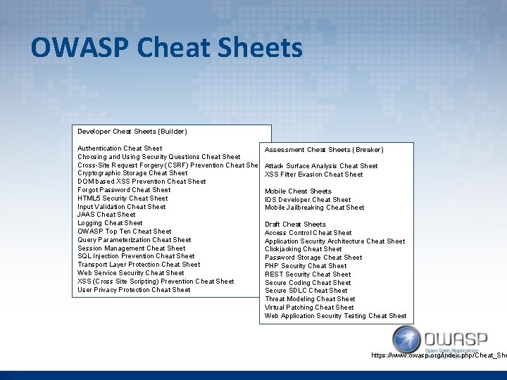 OWASP Cheat Sheets Developer Cheat Sheets (Builder) Authentication Cheat Sheet Assessment Cheat Sheets (Breaker)