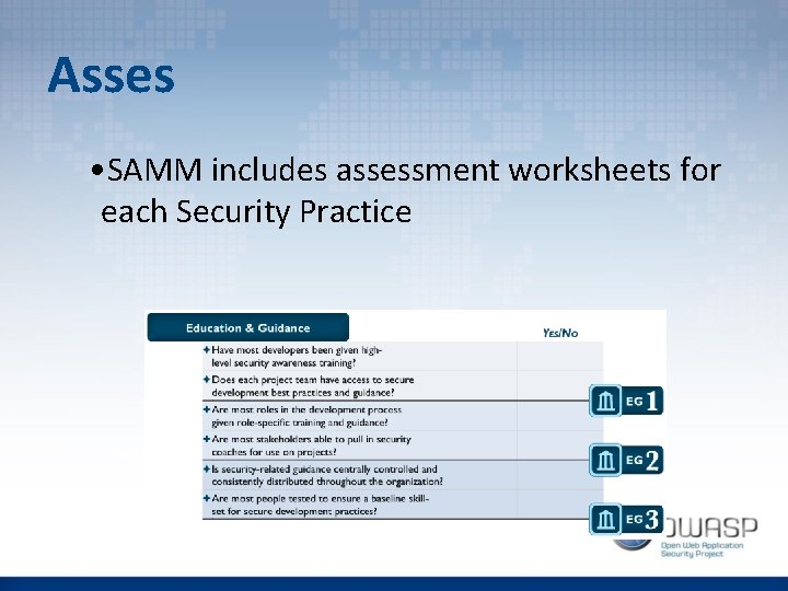 Asses • SAMM includes assessment worksheets for each Security Practice 