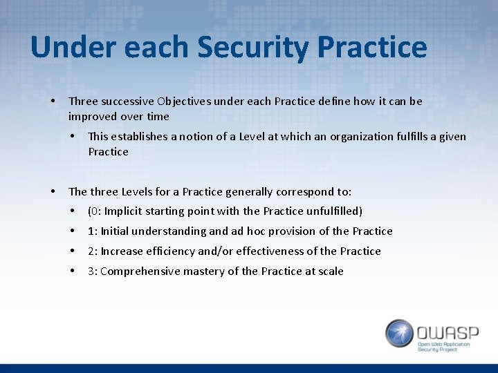 Under each Security Practice • Three successive Objectives under each Practice define how it