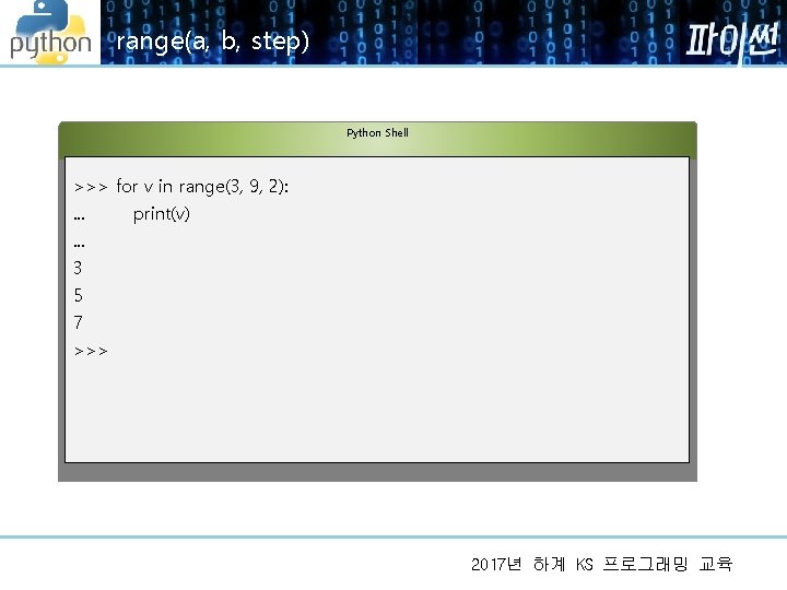 range(a, b, step) Python Shell >>> for v in range(3, 9, 2): . .