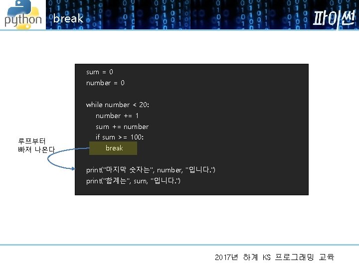 break sum = 0 number = 0 while number < 20: number += 1