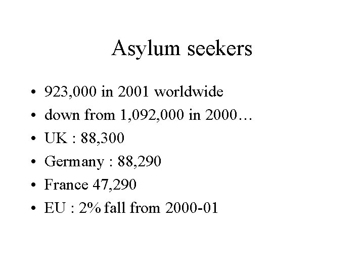 Asylum seekers • • • 923, 000 in 2001 worldwide down from 1, 092,