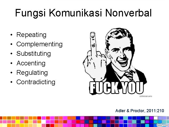 Fungsi Komunikasi Nonverbal • • • Repeating Complementing Substituting Accenting Regulating Contradicting Adler &