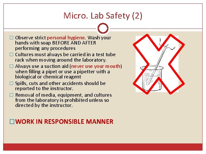 Micro. Lab Safety (2) � Observe strict personal hygiene. Wash your hands with soap