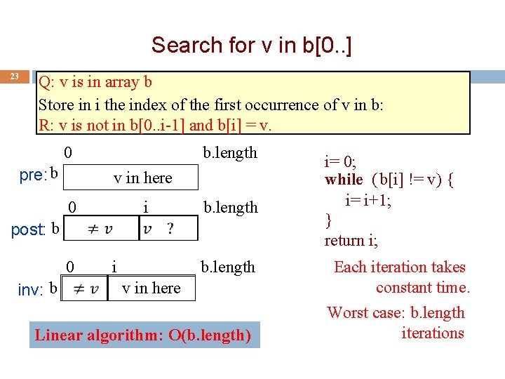 Search for v in b[0. . ] 23 Q: v is in array b