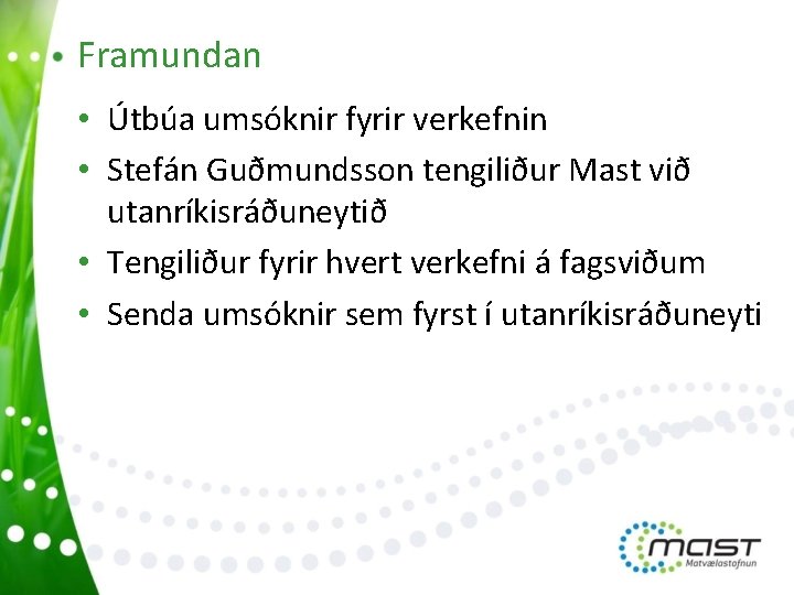 Framundan • Útbúa umsóknir fyrir verkefnin • Stefán Guðmundsson tengiliður Mast við utanríkisráðuneytið •