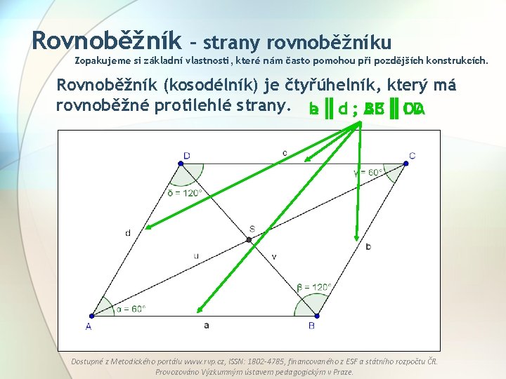 Rovnoběžník – strany rovnoběžníku Zopakujeme si základní vlastnosti, které nám často pomohou při pozdějších