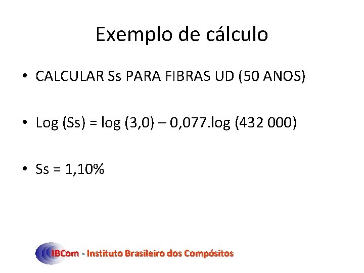 Exemplo de cálculo • CALCULAR Ss PARA FIBRAS UD (50 ANOS) • Log (Ss)