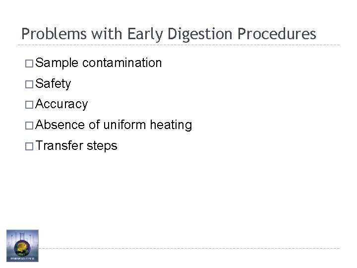 Problems with Early Digestion Procedures � Sample contamination � Safety � Accuracy � Absence