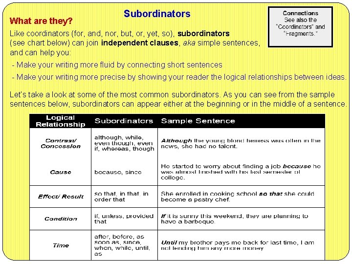 What are they? Subordinators Like coordinators (for, and, nor, but, or, yet, so), subordinators