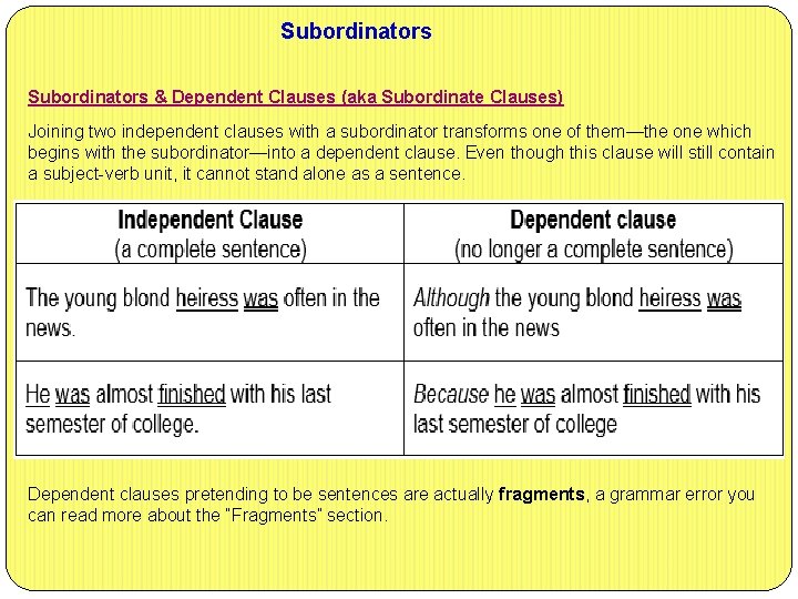 Subordinators & Dependent Clauses (aka Subordinate Clauses) Joining two independent clauses with a subordinator