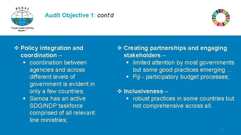 Audit Objective 1: cont’d v Policy integration and coordination – § coordination between agencies