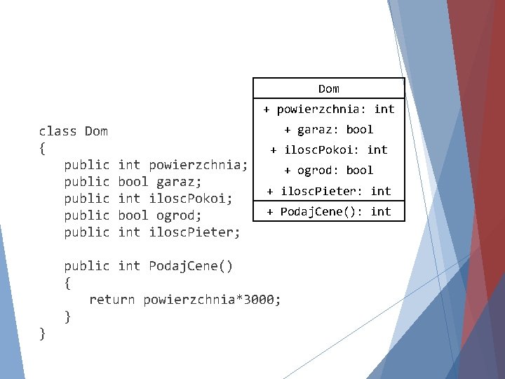 Dom + powierzchnia: int class Dom { public public + garaz: bool int powierzchnia;