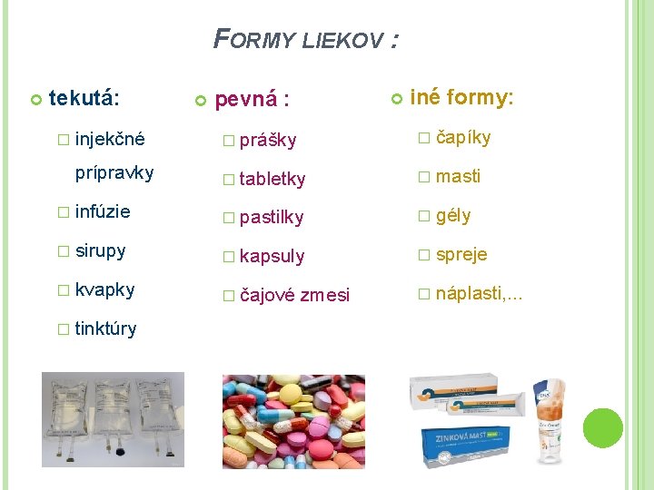 FORMY LIEKOV : tekutá: pevná : iné formy: � prášky � čapíky � tabletky