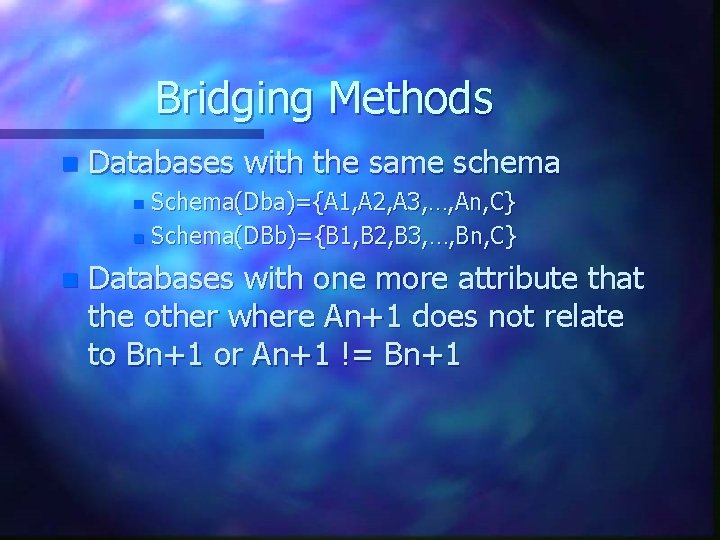 Bridging Methods n Databases with the same schema Schema(Dba)={A 1, A 2, A 3,