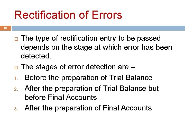 Rectification of Errors 10 1. 2. 3. The type of rectification entry to be